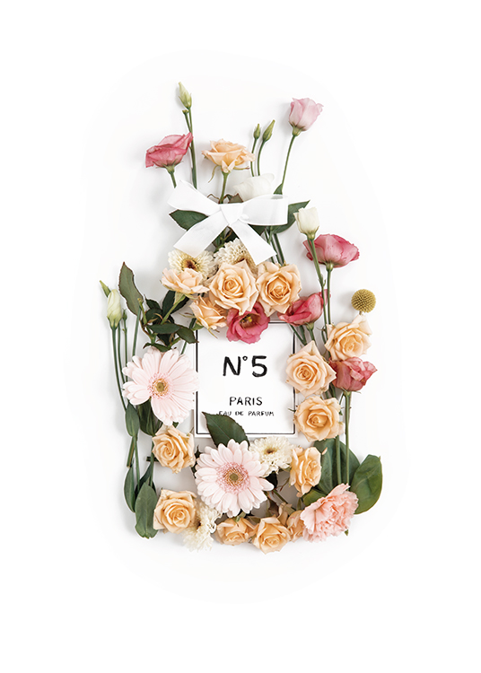  – Foto van een Chanel No5 etiket omlijst door gele en roze bloemen, op een witte achtergrond