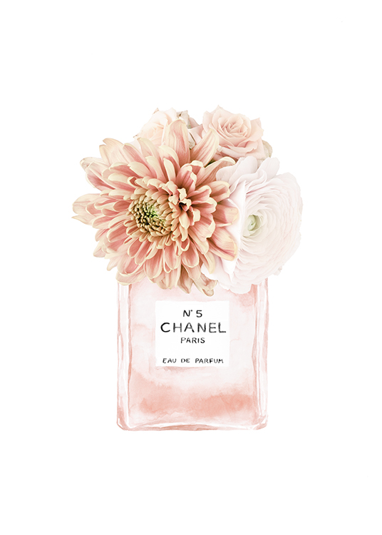  – Illustratie van een lichtroze Chanel parfumfles met lichtroze bloemen die uit de bovenkant steken