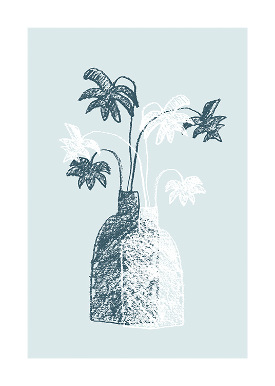  – Illustratie van een paar blauwe en witte vazen met palmbladeren erin
