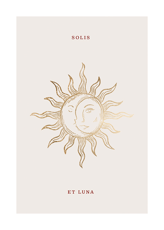 – Grafische illustratie van een gouden zon en maan tegen een lichtbeige achtergrond