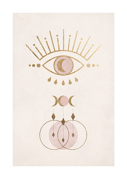  – Grafische illustratie van een oog en symbolen in goud en roze op een lichtbeige achtergrond