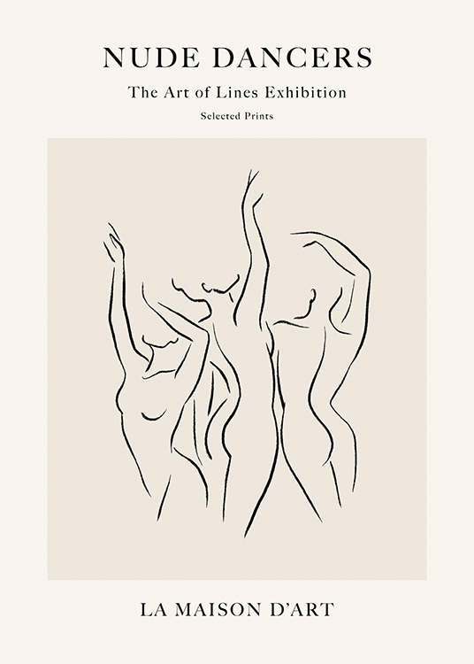  – Line art illustratie van een groep naakte dansende vrouwen tegen een beige achtergrond