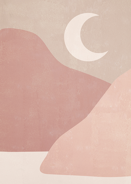  – Grafische illustratie van bergen en een maan in tinten beige en roze