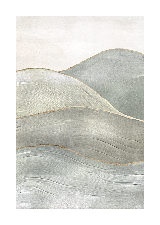  – Schilderij met abstracte heuvels in grijsgroen met gouden contouren
