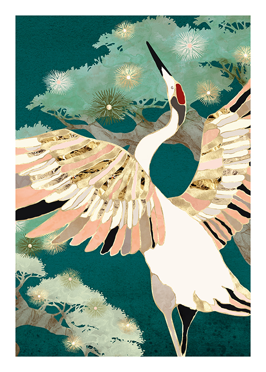  – Grafische illustratie van een kleurrijke kraanvogel met gouden accenten op de vleugels, tegen een groene achtergrond