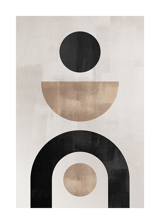  – Grafische illustratie met geometrische vormen in beige en zwart op een grijs-beige achtergrond