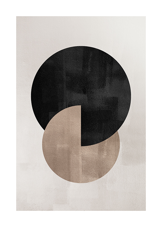  – Grafische illustratie van een beige en zwarte cirkel die elkaar overlappen, op een grijs-beige achtergrond