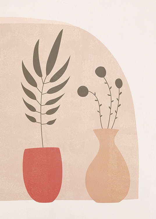  – Grafische illustratie van een paar rode en beige vazen met bladeren erin, tegen een lichtbeige achtergrond