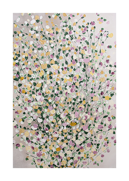  – Schilderij met kleurrijke stippen die een abstract blad vormen, tegen een grijze achtergrond