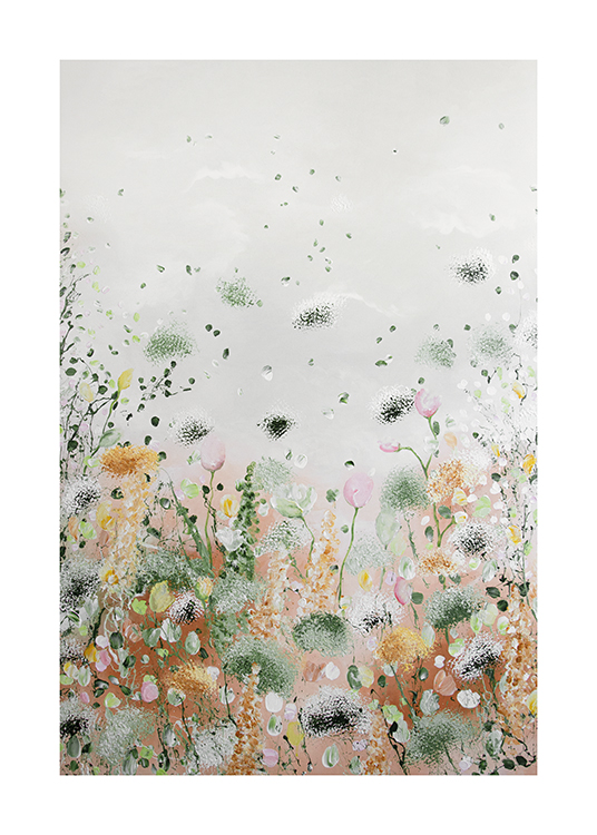  – Abstract schilderij met kleine planten en bloemen in diverse kleuren tegen een grijze achtergrond