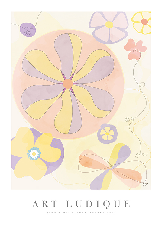  – Illustratie met roze, paarse en gele abstracte bloemen tegen een lichte achtergrond