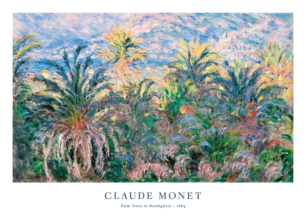  – Schilderij van Monet met kleurrijke, abstracte palmbomen en een blauwe en roze lucht op de achtergrond