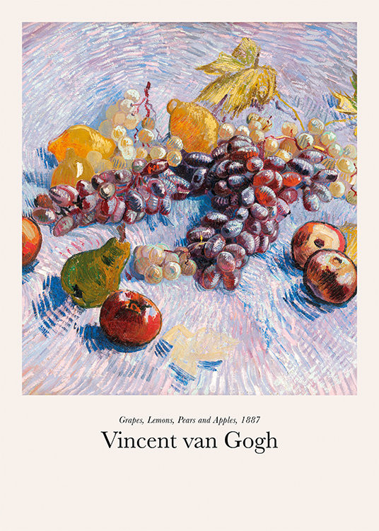  – Schilderij van Van Gogh van diverse vruchten op een blauwe en roze achtergrond