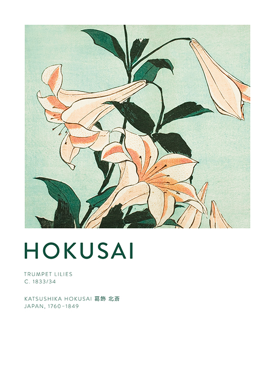  – Schilderij van Hokusai van trompetlelies en groene bladeren op een lichtgroene achtergrond