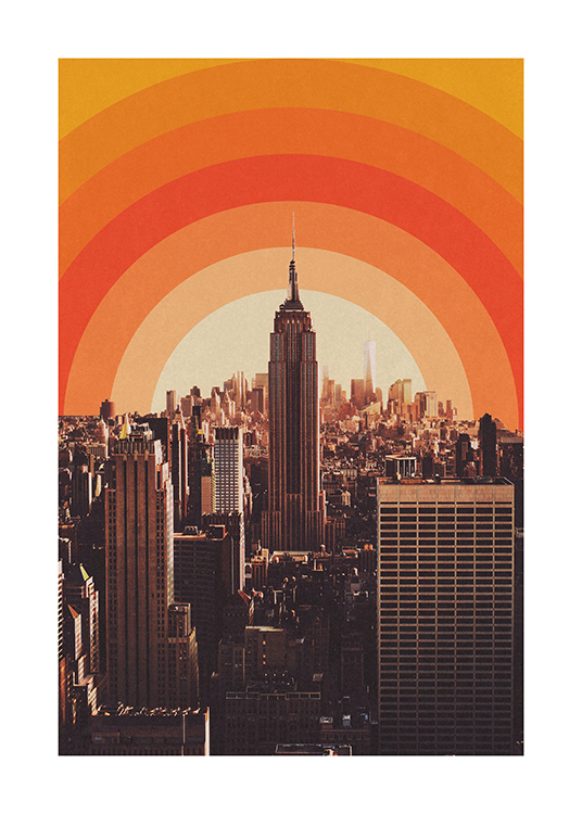  – Foto van gebouwen in New York City met een abstracte, grafische zonsondergang op de achtergrond