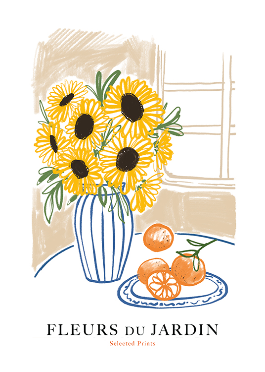  – Illustratie van een vaas met zonnebloemen en sinaasappelen ernaast, met tekst eronder