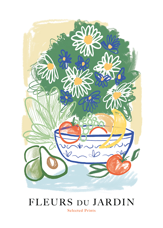  – Illustratie van een bloemboeket en groenten en fruit in een schaal