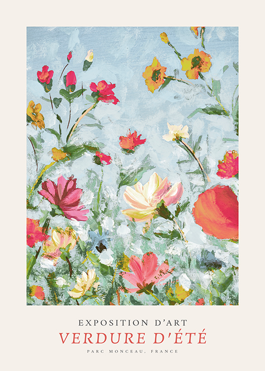 – Schilderij van bloemen in geel, rood en roze tegen een blauwe achtergrond