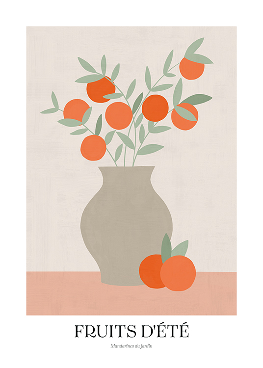  – Grafische illustratie van een vaas met sinaasappels erin tegen een roze en grijs-beige achtergrond