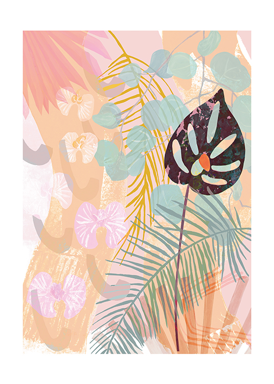  – Illustratie met kleurrijke, tropische bladeren op een achtergrond in diverse pastelkleuren
