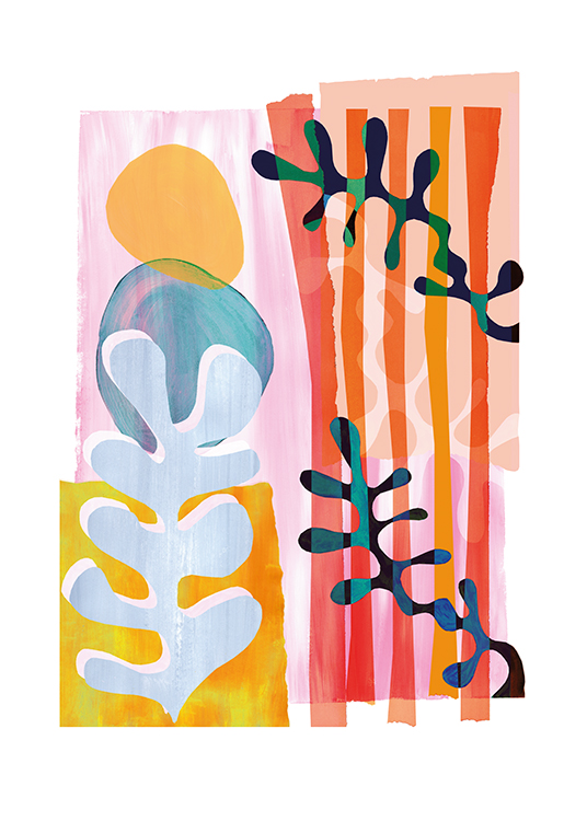  – Abstracte illustratie met zeewier en koraalvormen op een kleurrijke achtergrond
