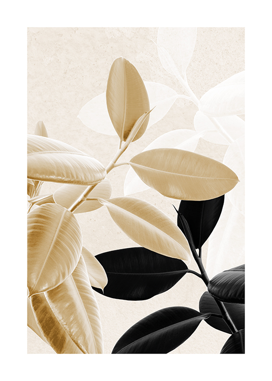  – Foto van zwarte en gouden rubberplanten met silhouetten van lichte bladeren op de achtergrond