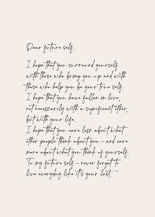  – Een poster met tekst met een liefdevolle brief aan je toekomstige zelf