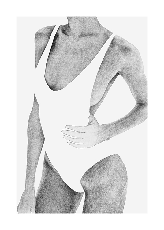 – Een zwart-wit afbeelding van een vrouw in een wit badpak