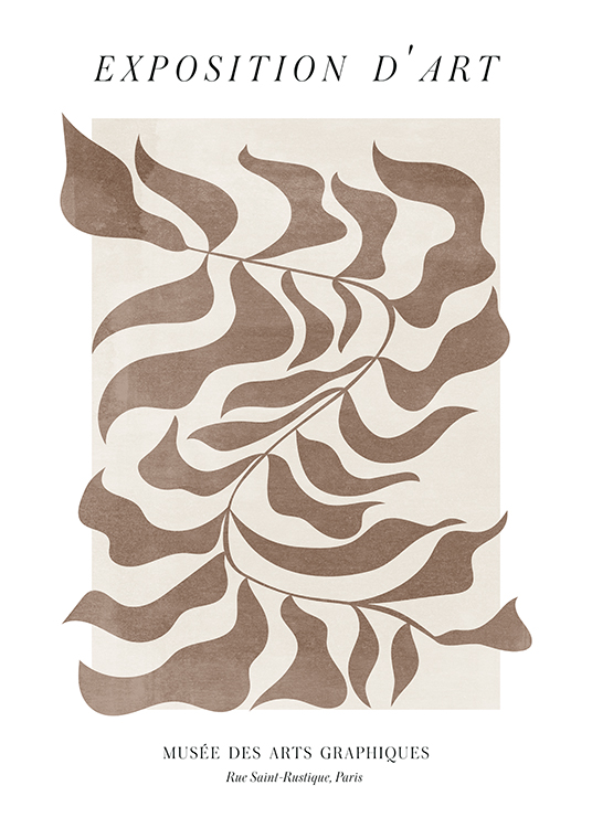  – Illustratie met een abstract bladpatroon in bruin met tekst aan de boven – en onderkant