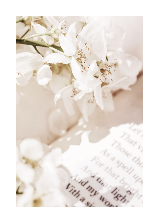  – Foto met close-up van de pagina uit een boek achter witte bloemen