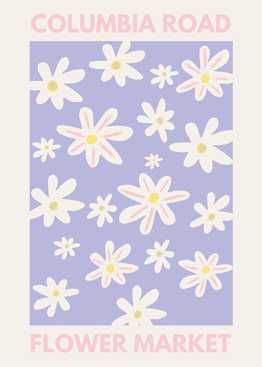 – Grafische illustratie met een bloemenpatroon met witte bloemen op een paarse achtergrond