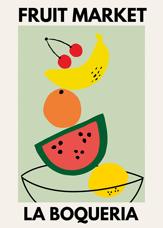  – Grafische illustratie van vruchten die op elkaar balanceren in een kom, tegen een groene achtergrond