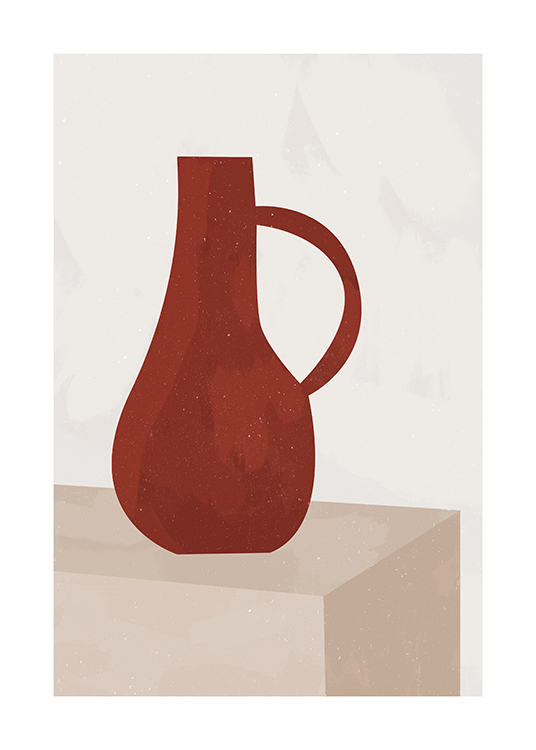  – Illustratie van een handgetekende aardewerken vaas in rood tegen een beige achtergrond