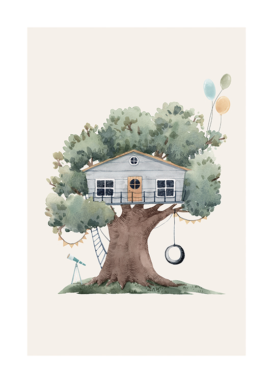  – Illustratie van een blauwe hut in een groen boom met een schommel en ballonnen, tegen een lichtbeige achtergrond