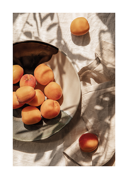  – Een bord vers geplukte abrikozen op een eettafel