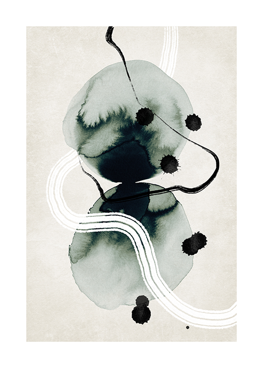  – Illustratie met abstracte cirkels in inkt en een witte werveling tegen een beige achtergrond