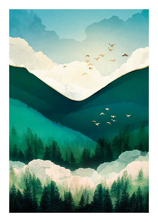 – Grafische illustratie met groene heuvels, bomen en witte wolken en gouden vogels die in de lucht vliegen