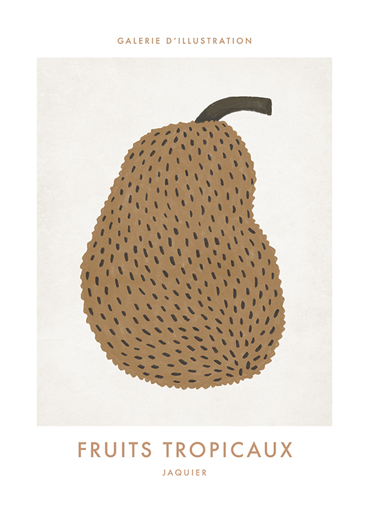  – Illustratie van een jackfruit met een bruine buitenkant tegen een lichte achtergrond met tekst erboven en eronder