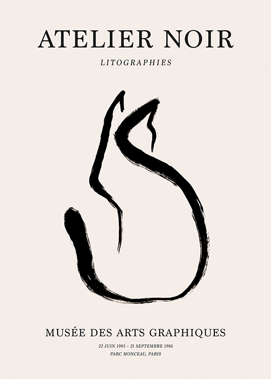  – Line art illustratie van een zwarte abstracte kat met tekst aan zowel de boven- als onderkant op een lichtbeige achtergrond