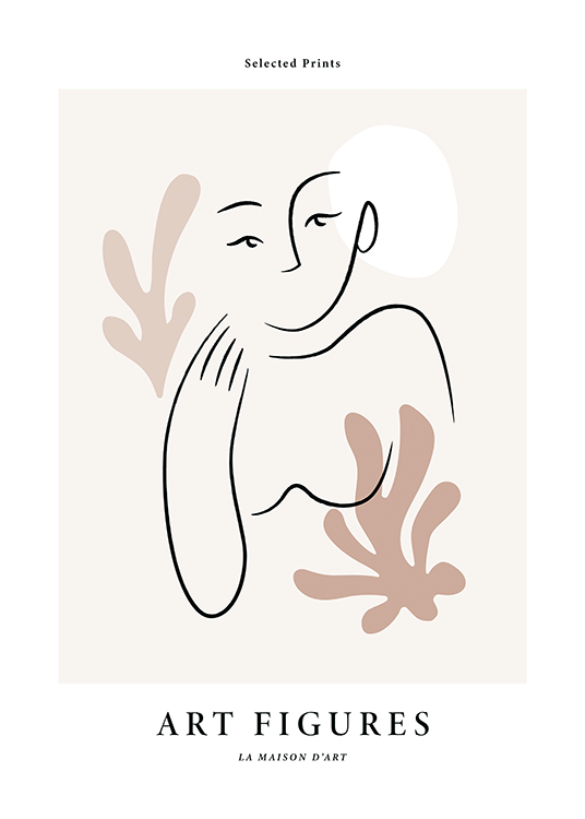  – Illustratie met een abstracte vrouw in line art en beige bladeren en een witte cirkel op een lichte achtergrond
