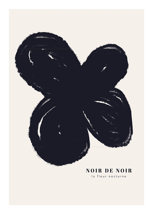  – Illustratie van een abstracte bloem in zwart op een lichtbeige achtergrond en tekst eronder