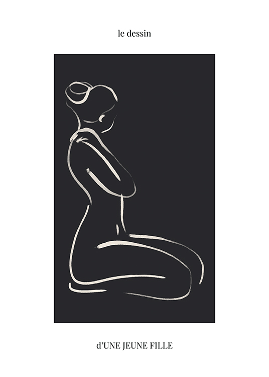 – Illustratie met een naakte vrouw op haar knieën, getekend in line art op een zwarte en lichte achtergrond