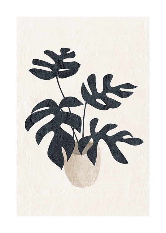  – Illustratie van een Monstera Philodendron/Monstera Tetrasperma in donkergrijs tegen een lichtbeige achtergrond