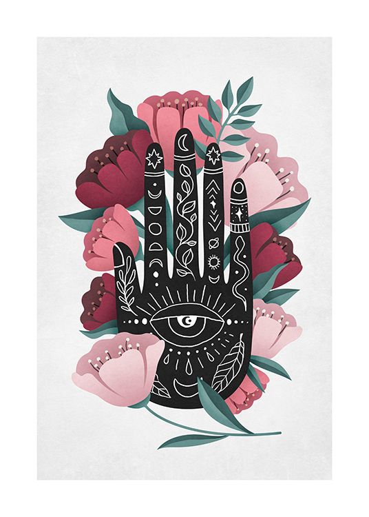  – Illustratie van roze bloemen rondom een hand met spirituele symbolen erop