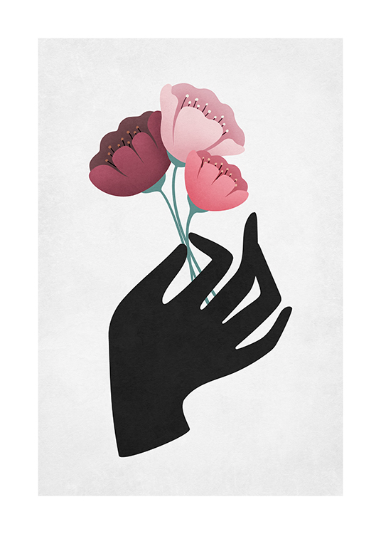  – Illustratie van drie roze bloemen die worden vastgehouden door een zwarte hand tegen een lichtgrijze achtergrond