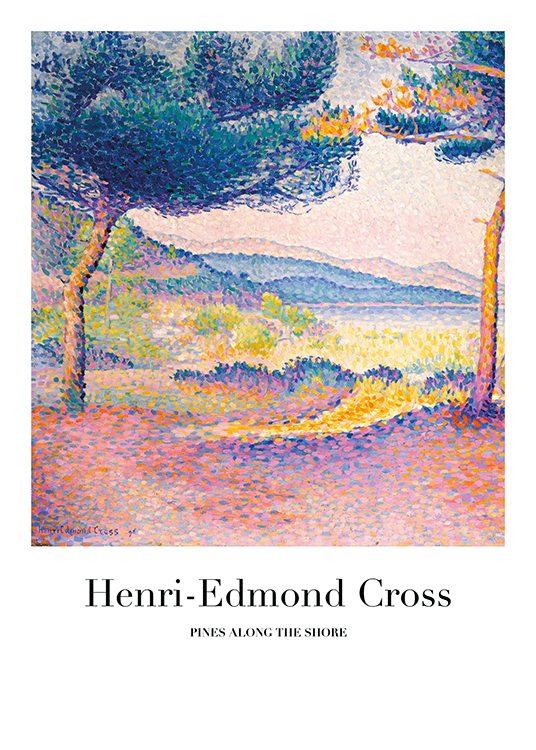  – Schilderij van een kleurrijk, abstract landschap met pijnbomen voor een kustlijn
