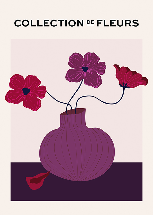  – Grafische illustratie met paarse en rode bloemen in een paarse vaas op een beige achtergrond