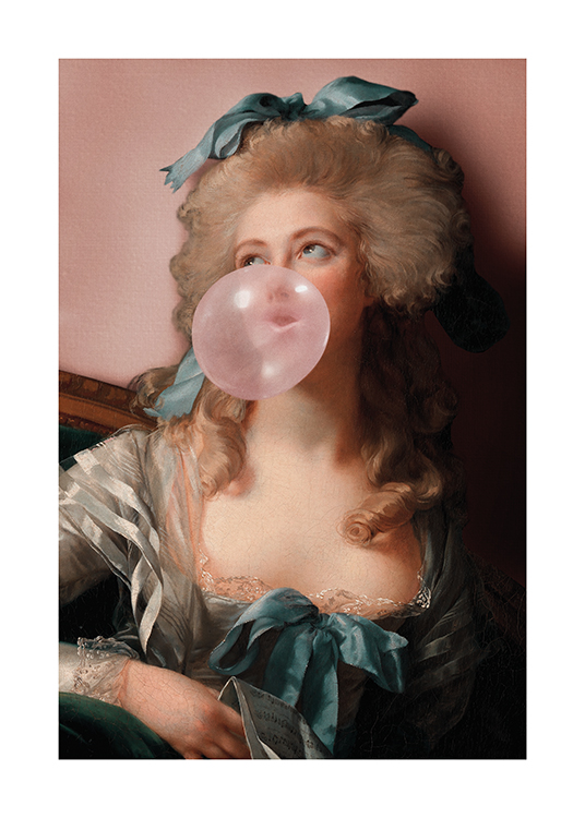  – Geschilderd portret van een vrouw met een strik in het haar, die een roze kauwgombel blaast