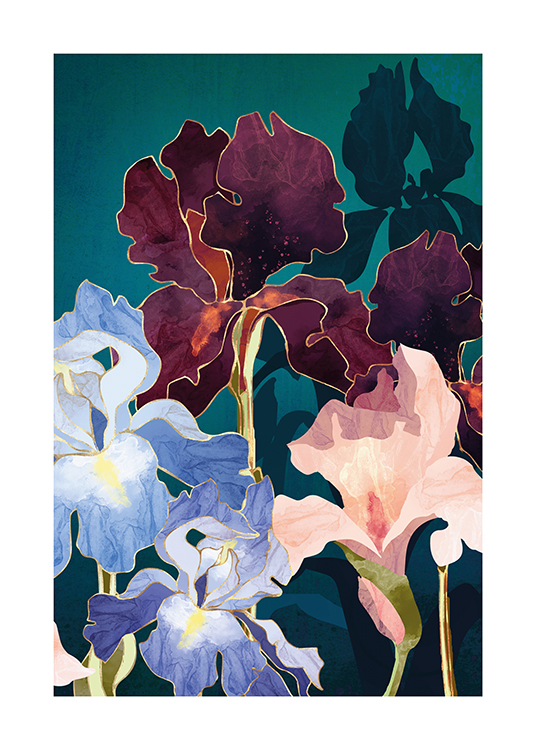 – Illustratie met blauwe, roze en donkerpaarse irissen op een groenblauwe achtergrond