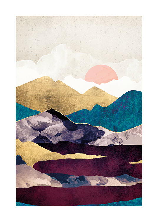 – Illustratie met gouden en blauwe bergen achter een donkerrood meer, met een beige hemel op de achtergrond
